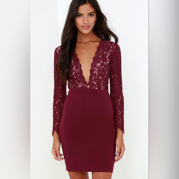 Lulu’s Swoon-er or later burgundy long sleeve lace dress - Picture 1 of 7